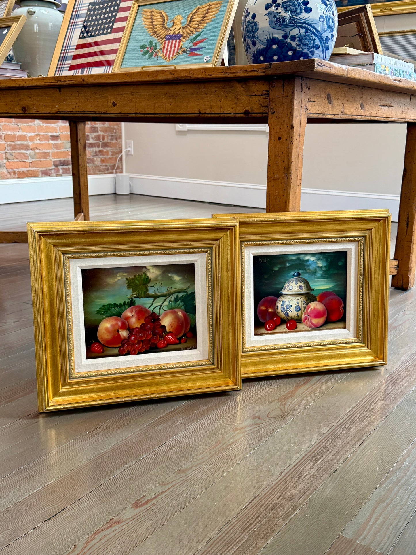 Dominique Obeniche Peches, Cerises et Delft Peaches, Cherries and Delft Jar Still Life Oil Painting in Gold Frame