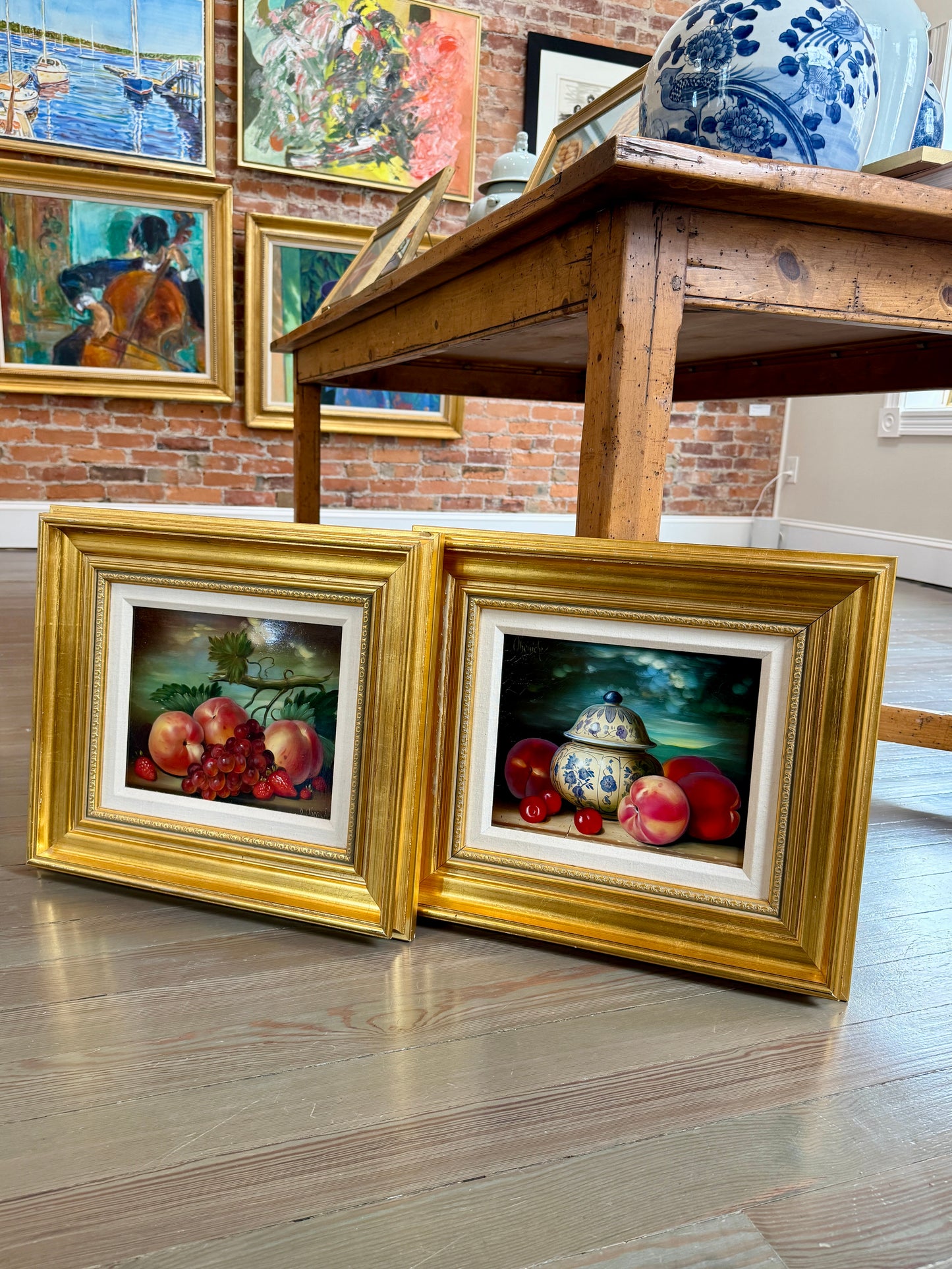 Dominique Obeniche Peches, Cerises et Delft Peaches, Cherries and Delft Jar Still Life Oil Painting in Gold Frame