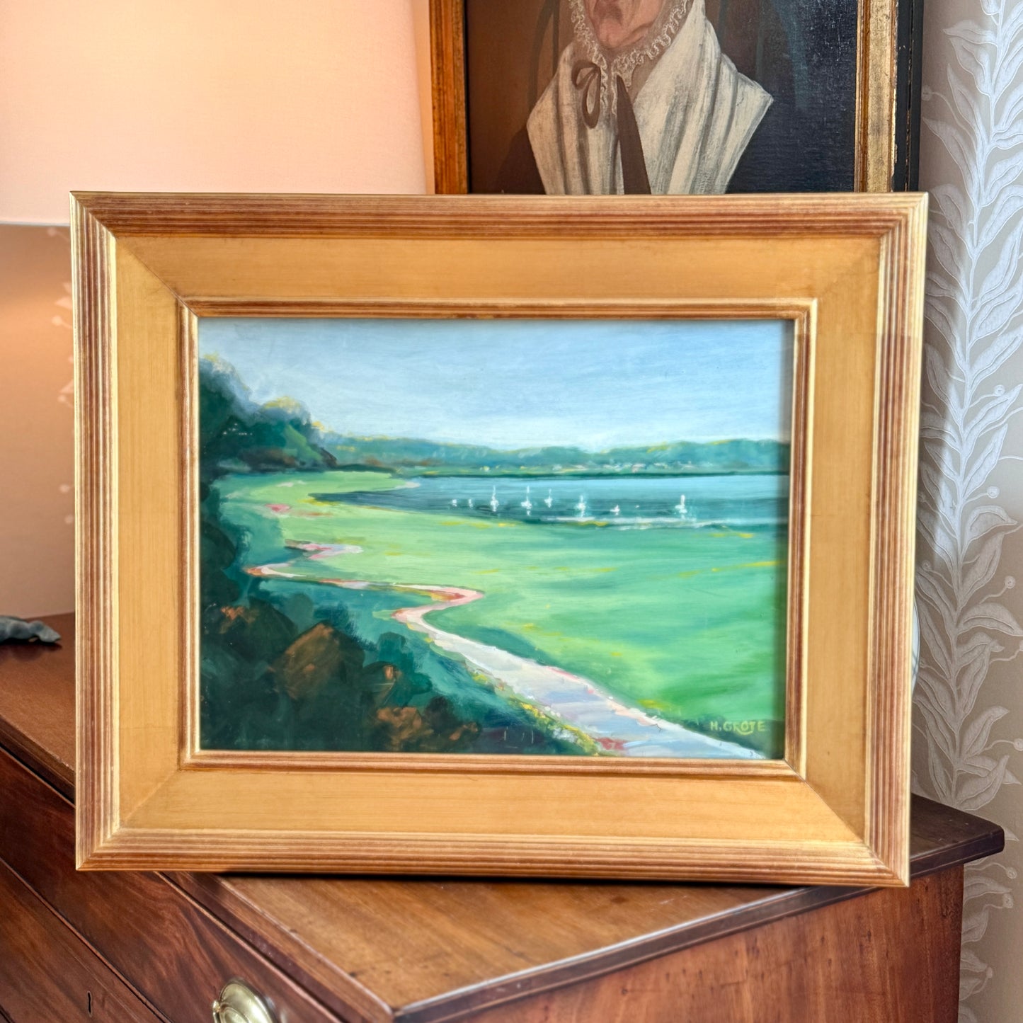 Harold Grote Waterside Landscape with Sailboats Oil Painting in Gold Frame