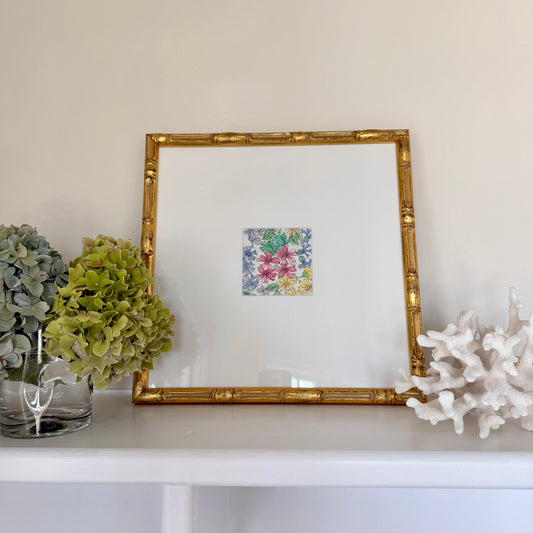 Vintage Colorful Botanical Floral Watercolor Painting #1 in Gold Bamboo Frame