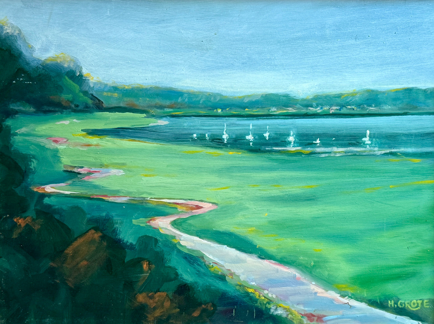 Harold Grote Waterside Landscape with Sailboats Oil Painting in Gold Frame