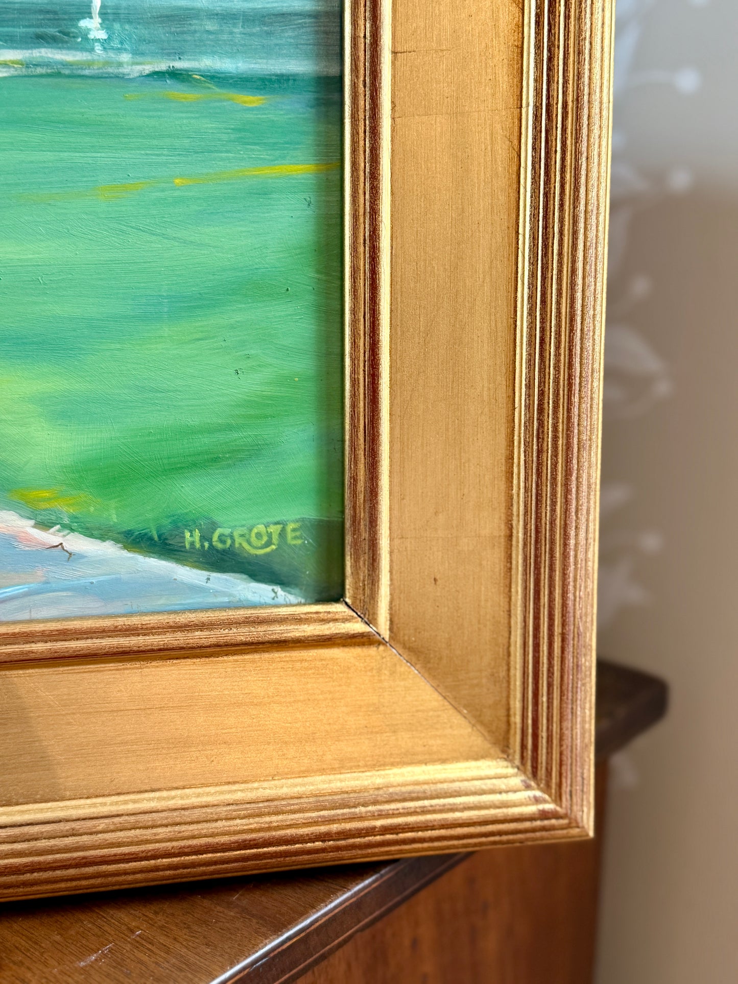 Harold Grote Waterside Landscape with Sailboats Oil Painting in Gold Frame