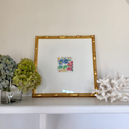 Vintage Colorful Botanical Floral Watercolor Painting #2 in Gold Bamboo Frame