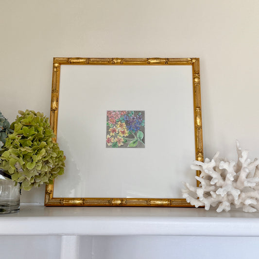 Vintage Colorful Botanical Floral Watercolor Painting #3 in Gold Bamboo Frame