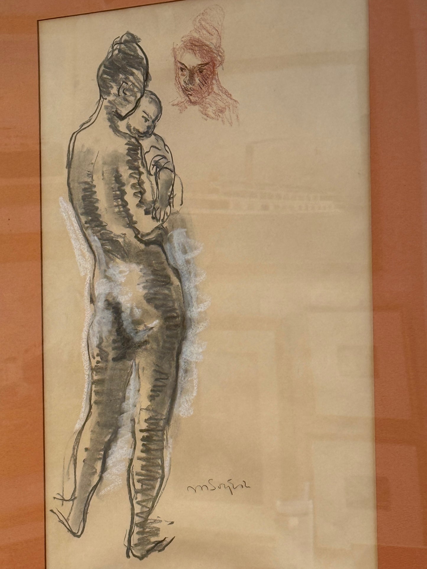 Moses Soyer Conte Gouache and Graphite Drawing of Nude Mother and Child in Gold Frame