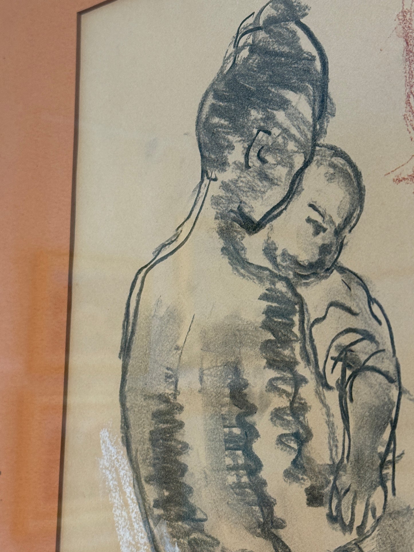 Moses Soyer Conte Gouache and Graphite Drawing of Nude Mother and Child in Gold Frame