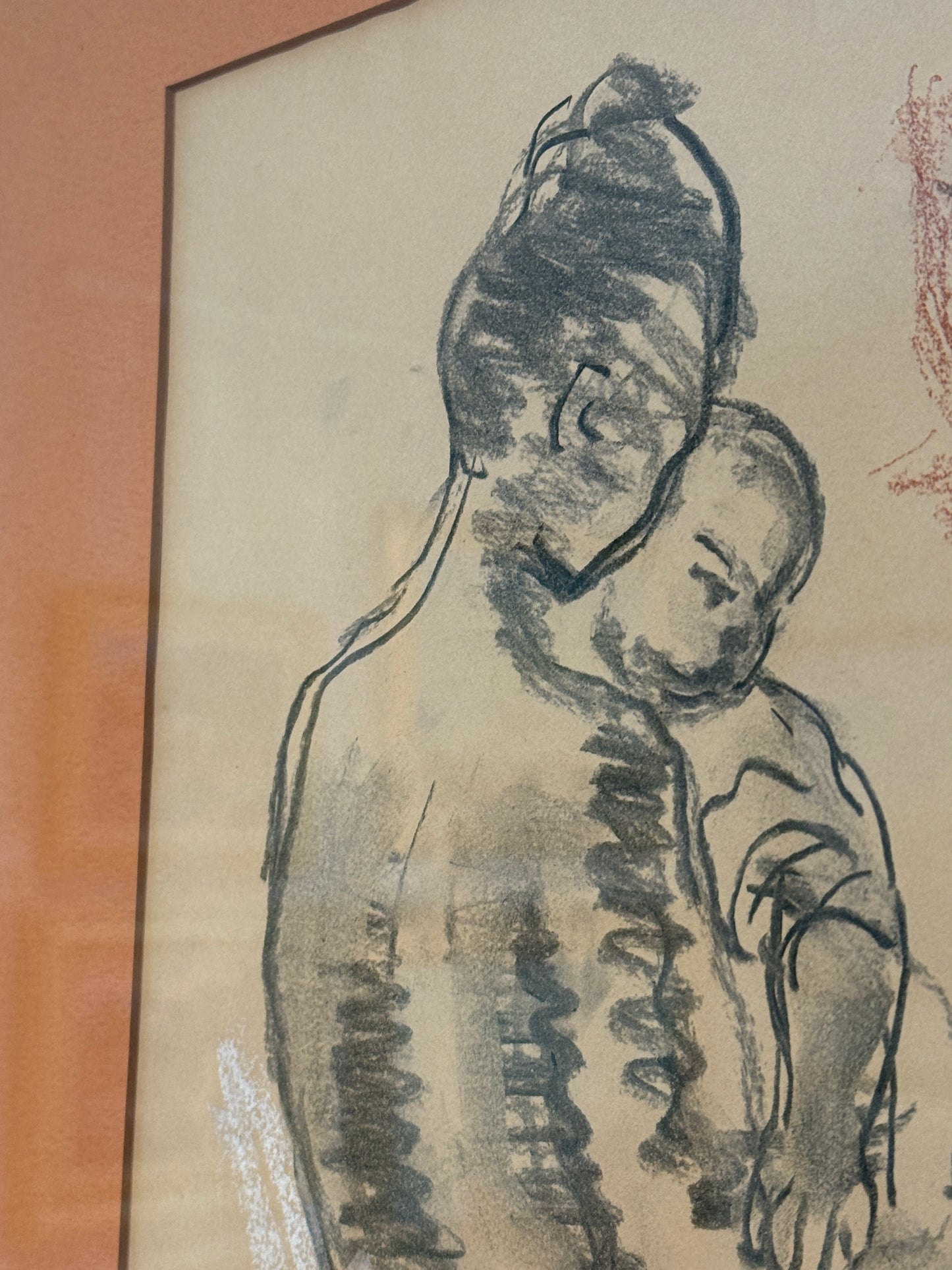 Moses Soyer Conte Gouache and Graphite Drawing of Nude Mother and Child in Gold Frame