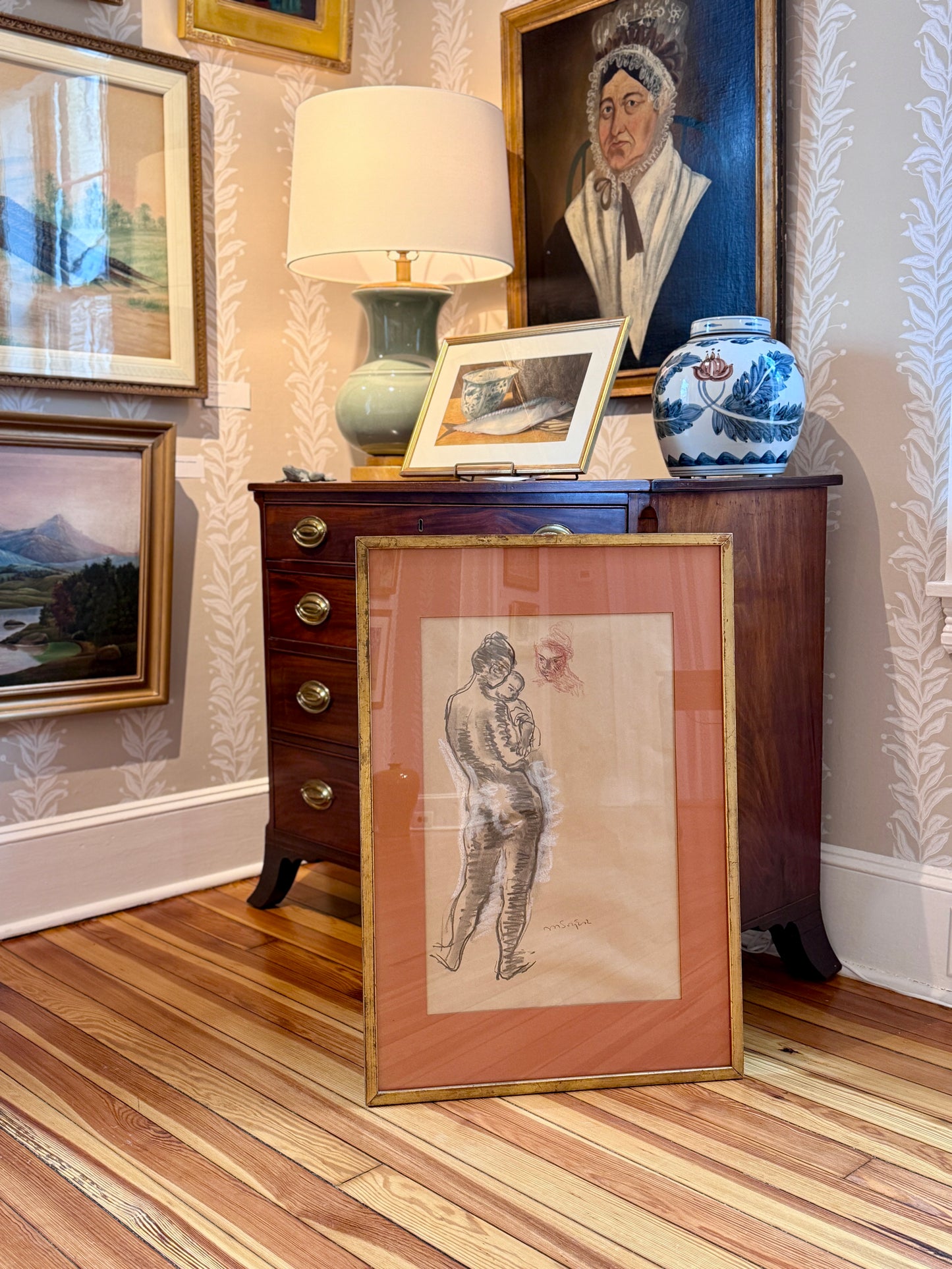 Moses Soyer Conte Gouache and Graphite Drawing of Nude Mother and Child in Gold Frame