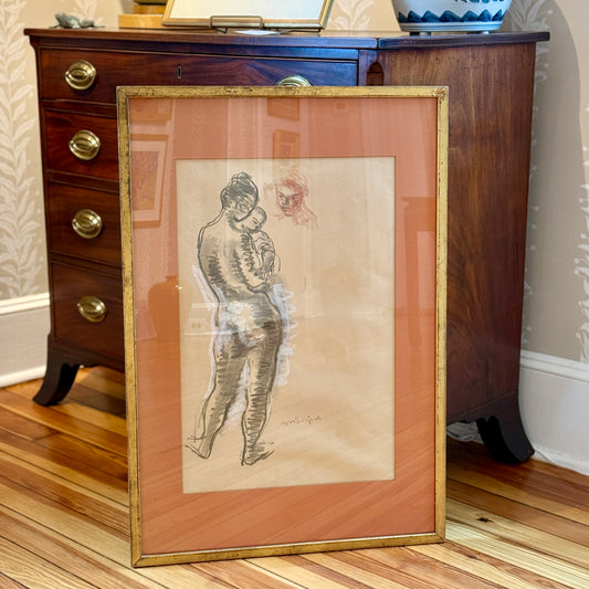 Moses Soyer Conte Gouache and Graphite Drawing of Nude Mother and Child in Gold Frame