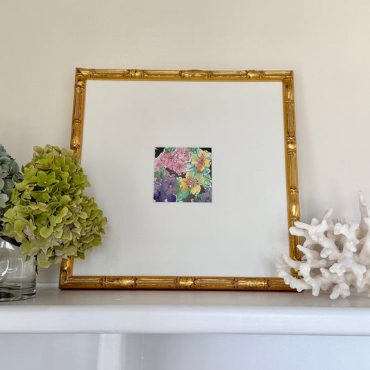 Vintage Colorful Botanical Floral Watercolor Painting #6 in Gold Bamboo Frame