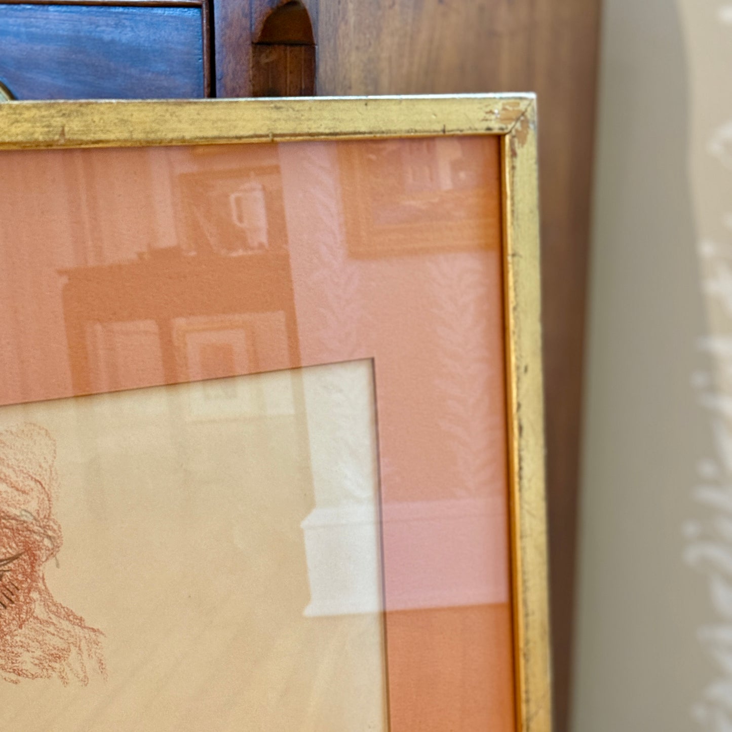 Moses Soyer Conte Gouache and Graphite Drawing of Nude Mother and Child in Gold Frame