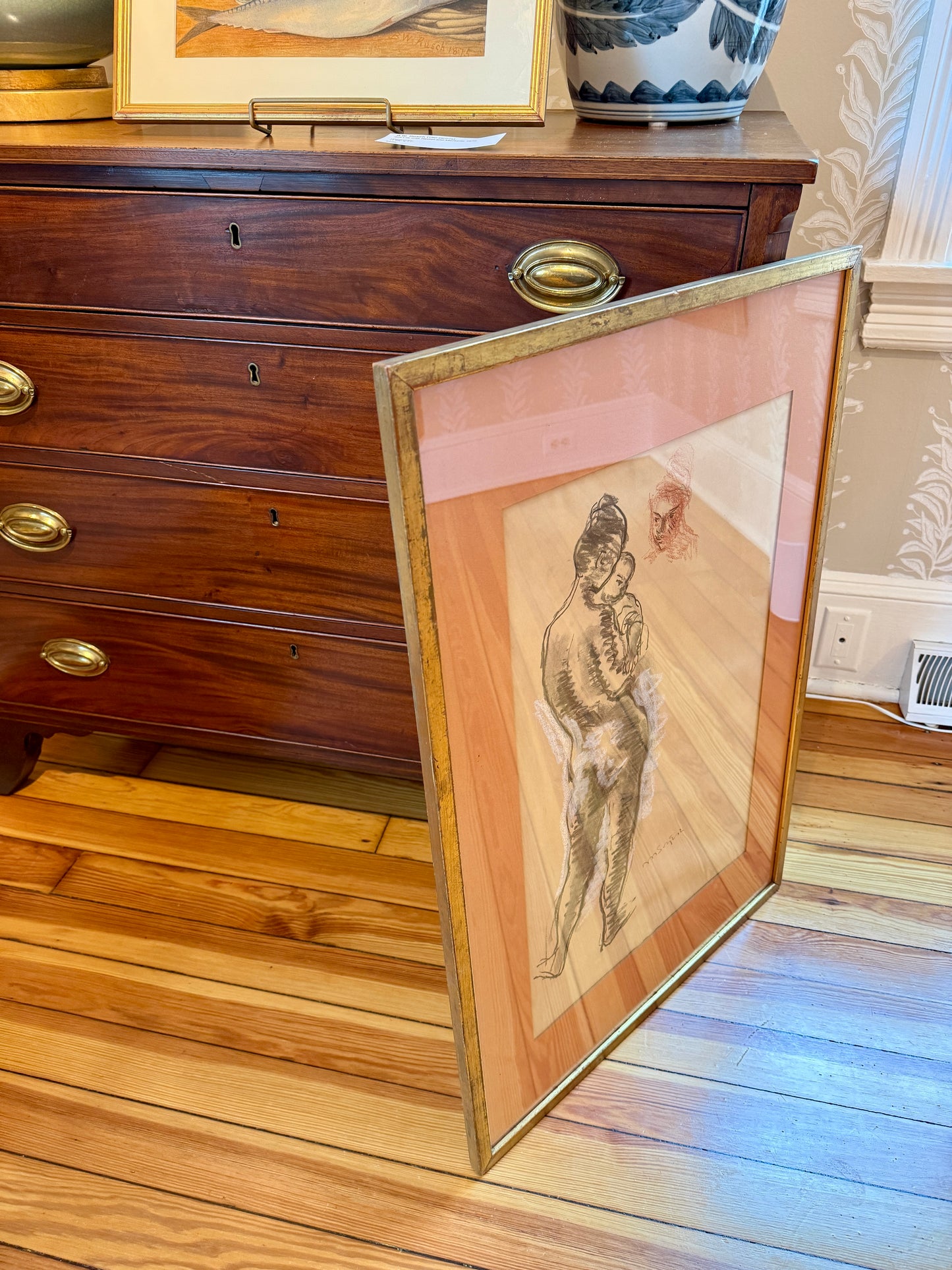 Moses Soyer Conte Gouache and Graphite Drawing of Nude Mother and Child in Gold Frame