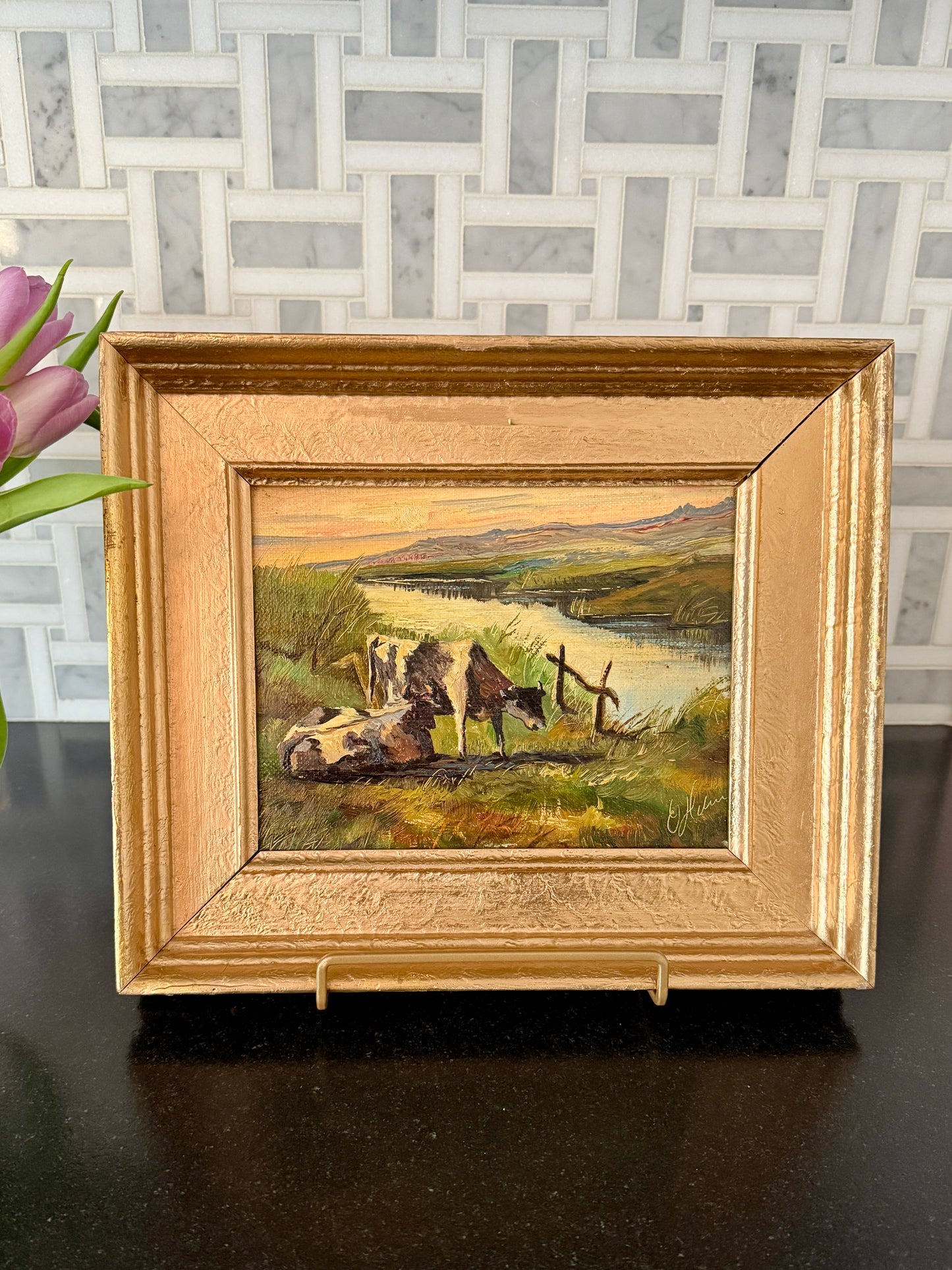 Vintage Cows at the Stream Scene Oil Painting in Gold Frame