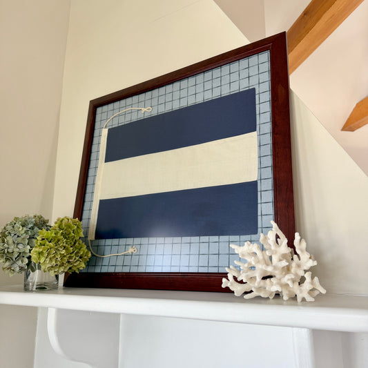 Vintage Cotton Canvas Nautical Yachting Signal Flag for "J" on Navy Pique in Wood Frame
