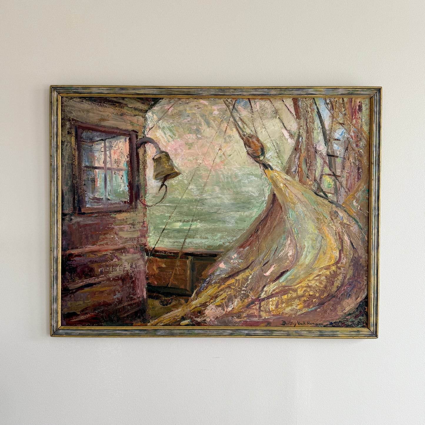 Dorothy Van Houten Harrison Masts, Nets, and Old Ship Bell Nautical Scene Oil Painting in Wood Frame