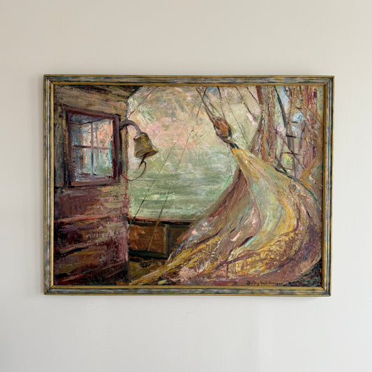 Dorothy Van Houten Harrison Masts, Nets, and Old Ship Bell Nautical Scene Oil Painting in Wood Frame
