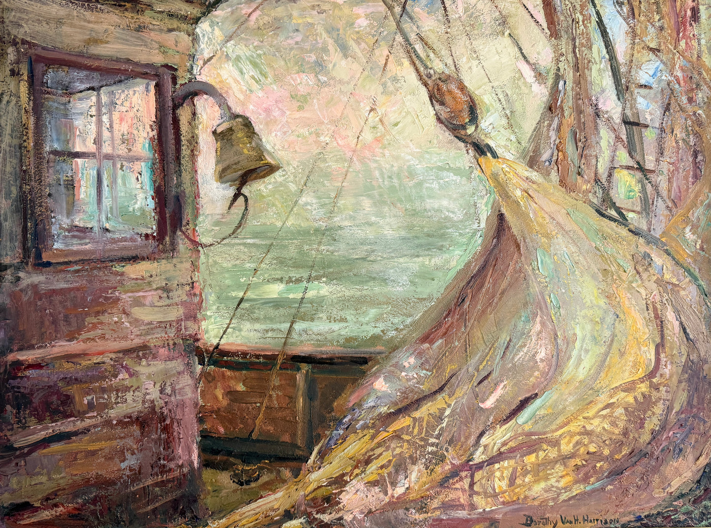 Dorothy Van Houten Harrison Masts, Nets, and Old Ship Bell Nautical Scene Oil Painting in Wood Frame