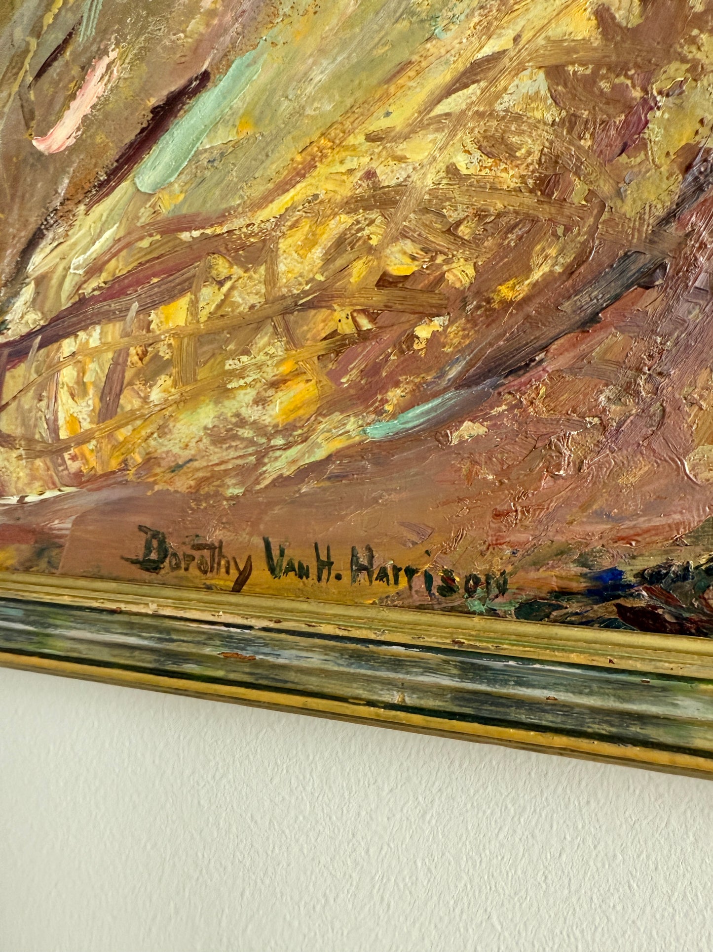 Dorothy Van Houten Harrison Masts, Nets, and Old Ship Bell Nautical Scene Oil Painting in Wood Frame