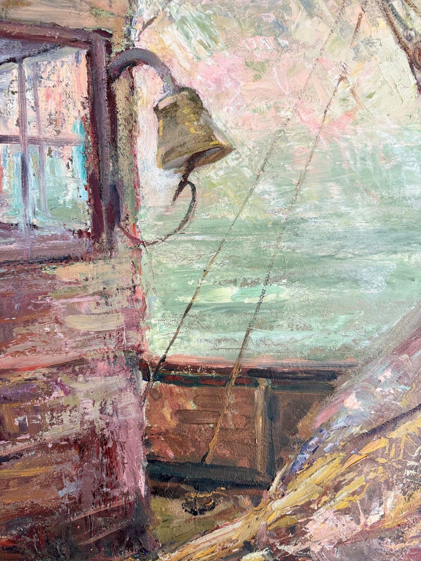 Dorothy Van Houten Harrison Masts, Nets, and Old Ship Bell Nautical Scene Oil Painting in Wood Frame