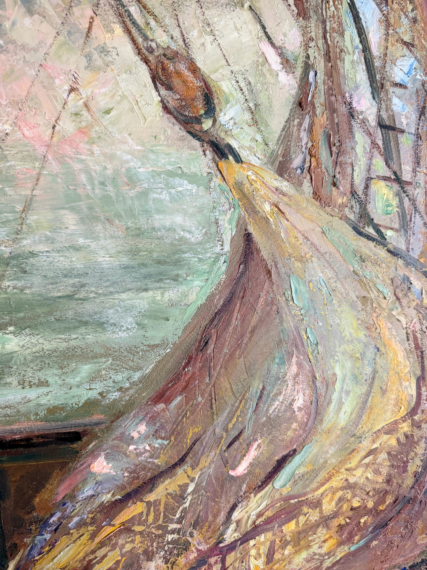 Dorothy Van Houten Harrison Masts, Nets, and Old Ship Bell Nautical Scene Oil Painting in Wood Frame