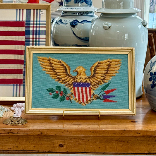 American Bald Eagle United States Seal Needlepoint in Vintage Gold Frame