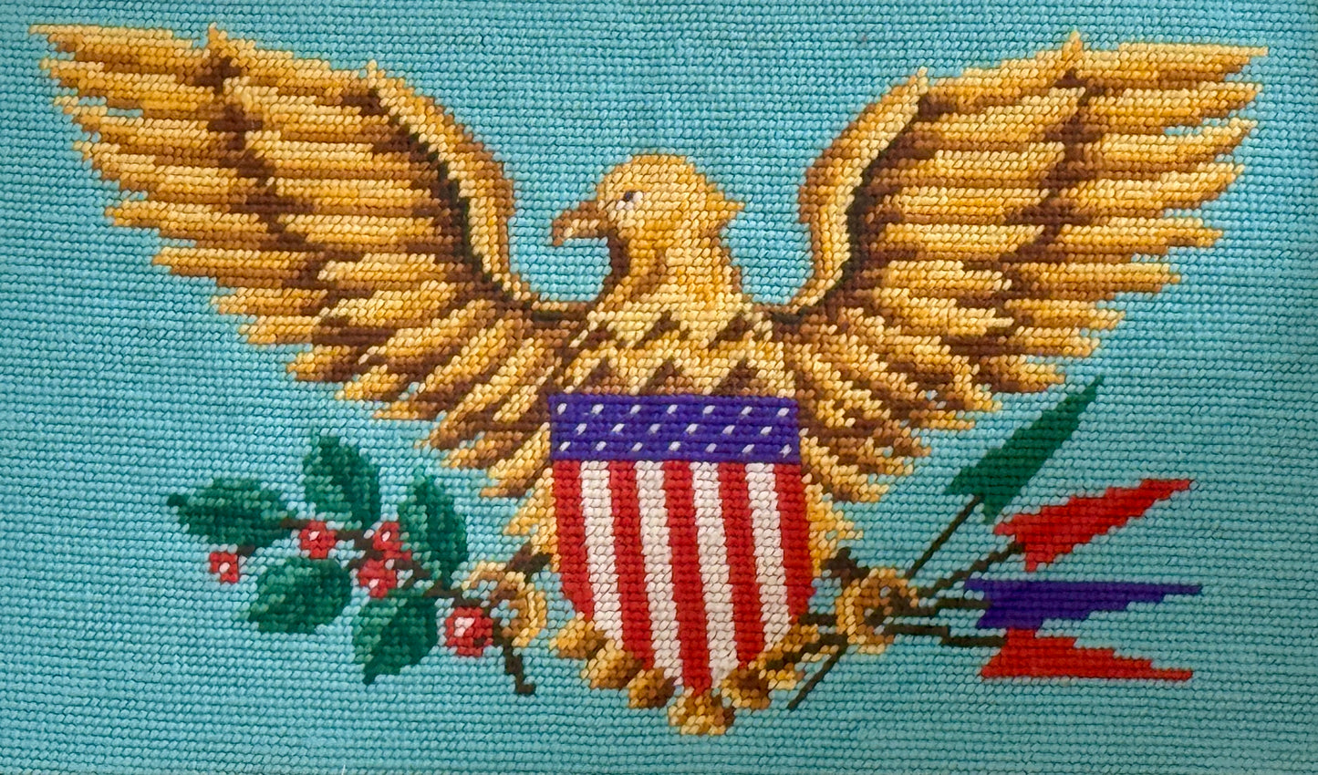American Bald Eagle United States Seal Needlepoint in Vintage Gold Frame