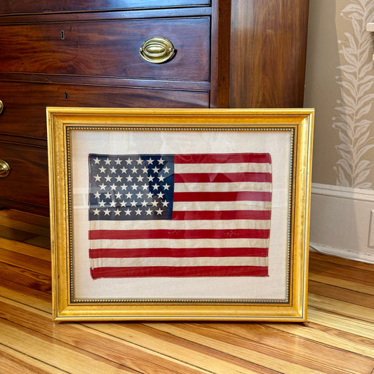 49 Star American Flag on Ivory Twilll in Gold Beaded Frame