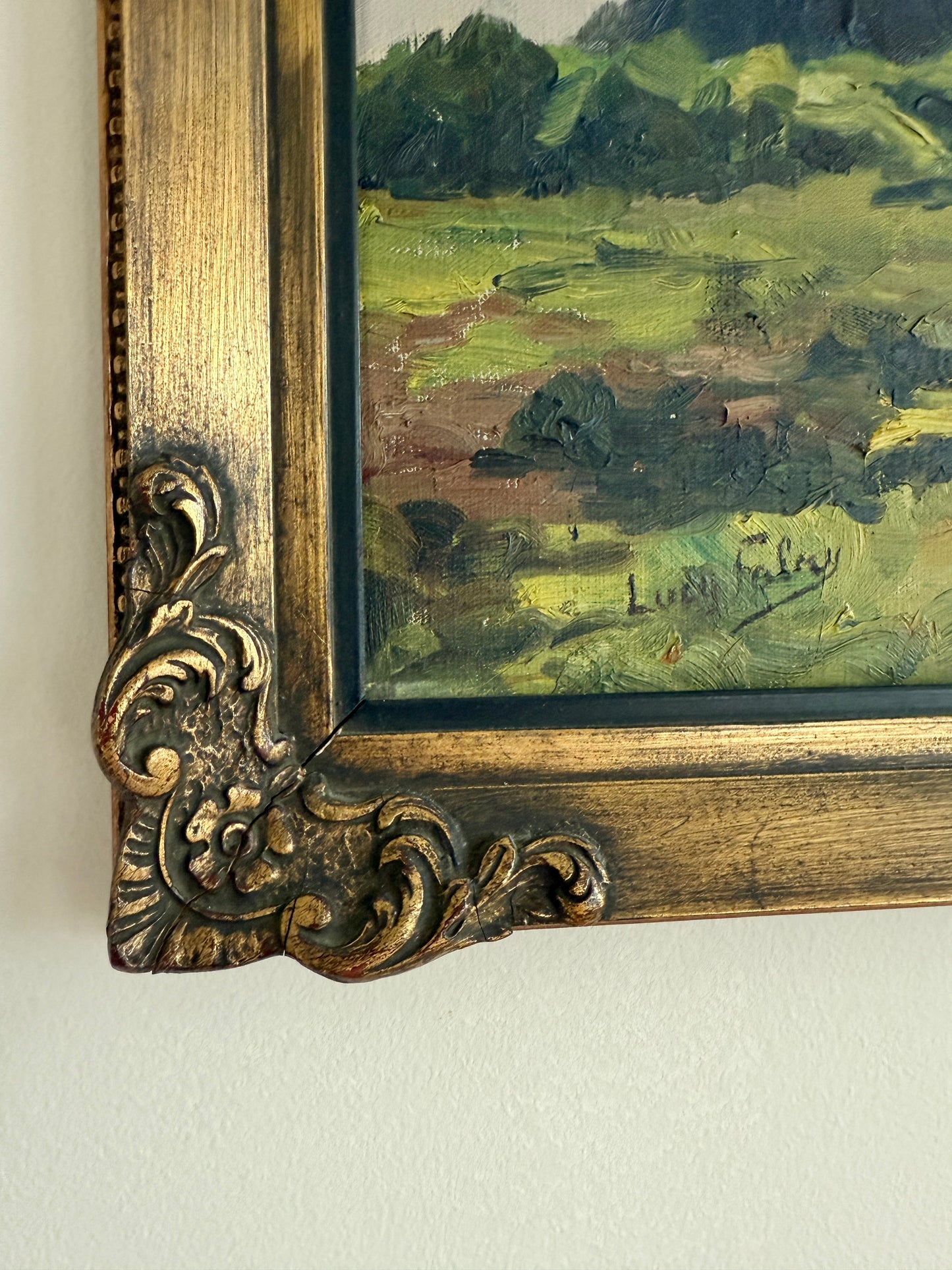 Lucy Fabry Early 20th Century Impressionist Forest Landscape in Ornate Gold Frame