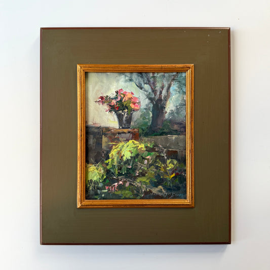 Jacyln Beam Flower Garden Oil Painting in Moss Green and Gold Frame