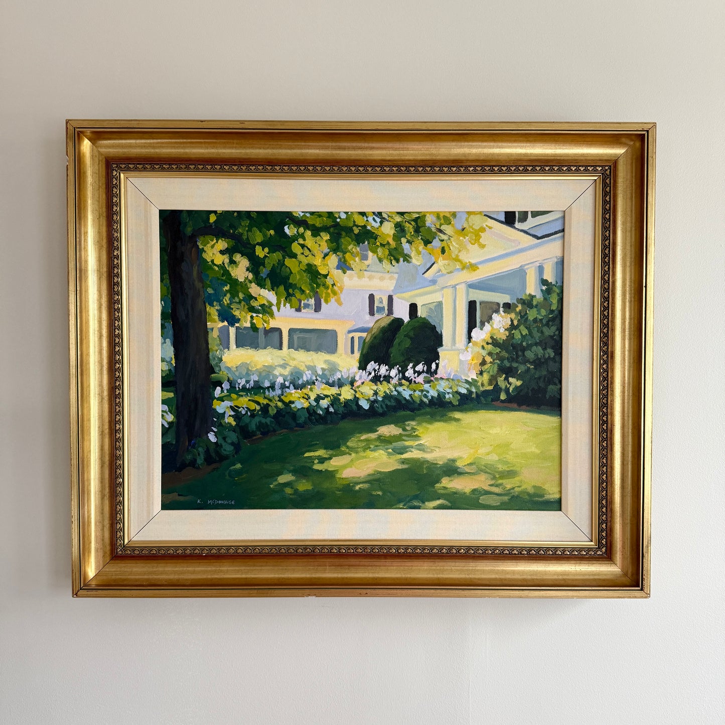 Kathleen McDonough House with Hostas Oil Painting in Gold Frame