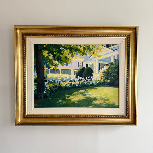 Kathleen McDonough House with Hostas Oil Painting in Gold Frame