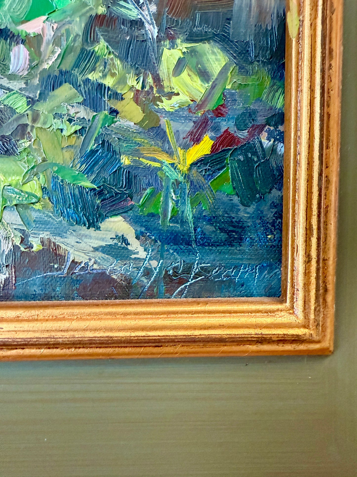 Jacyln Beam Flower Garden Oil Painting in Moss Green and Gold Frame