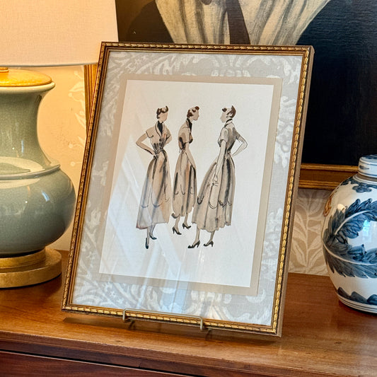 Catherine Figart Vogue Watercolor Fashion Illustration on Taupe Stenciled Fabric in Vintage Gold Frame