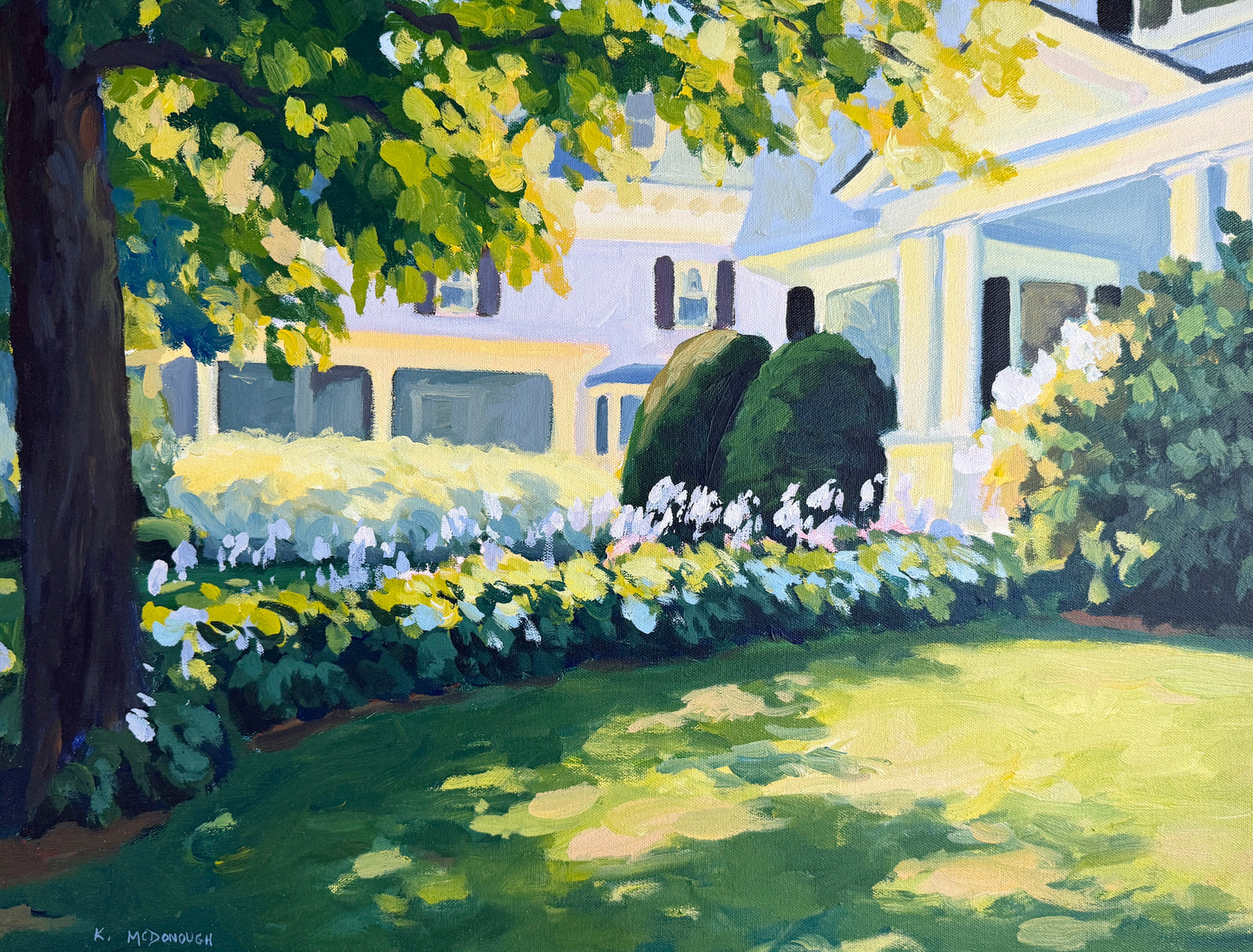 Kathleen McDonough House with Hostas Oil Painting in Gold Frame