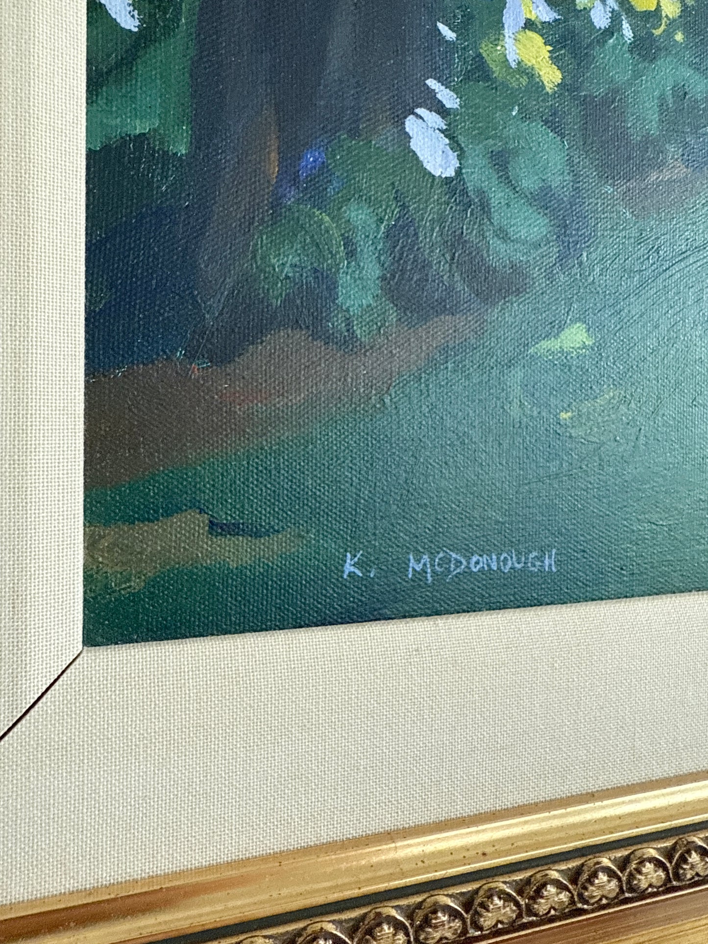 Kathleen McDonough House with Hostas Oil Painting in Gold Frame
