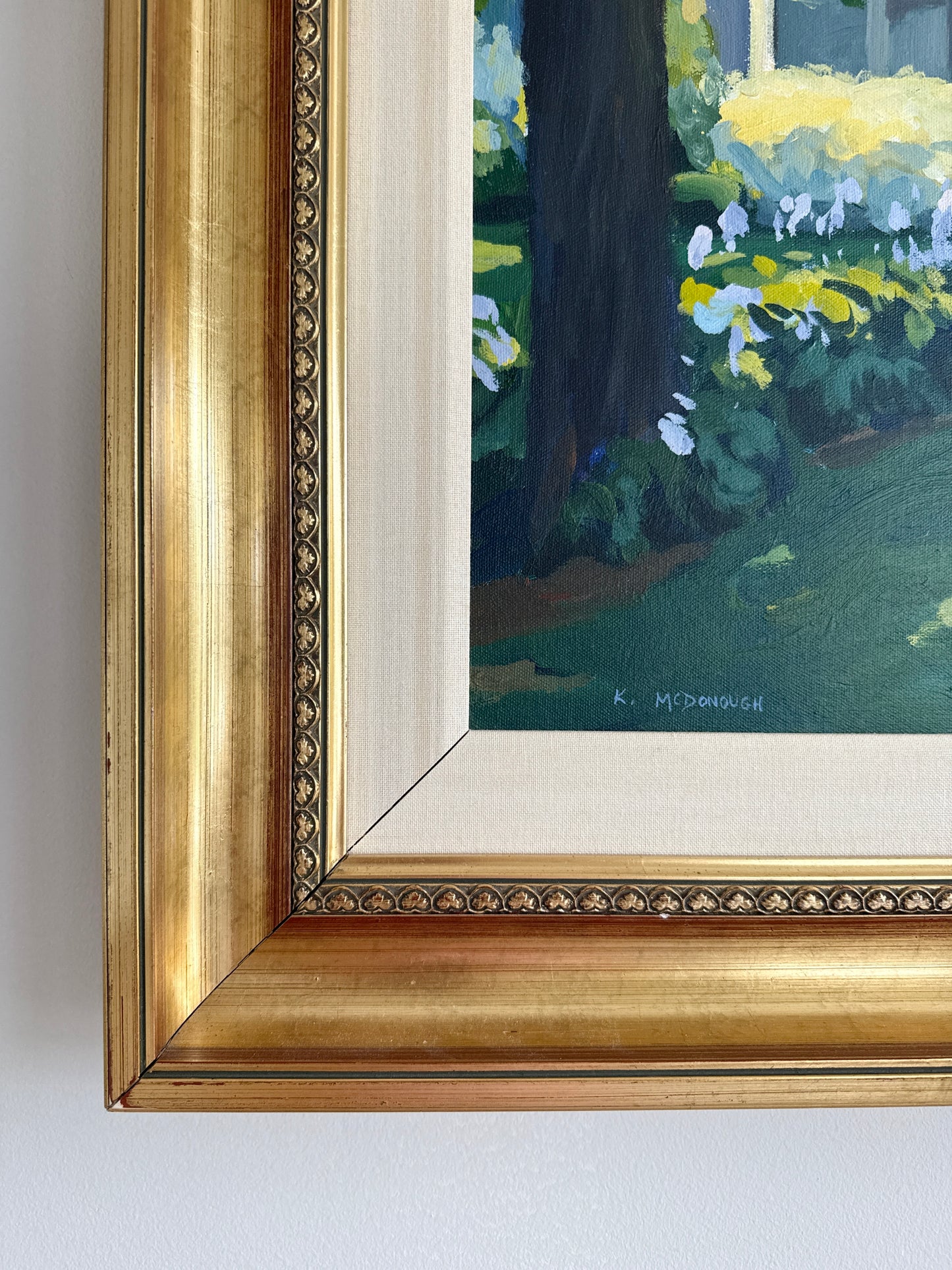 Kathleen McDonough House with Hostas Oil Painting in Gold Frame
