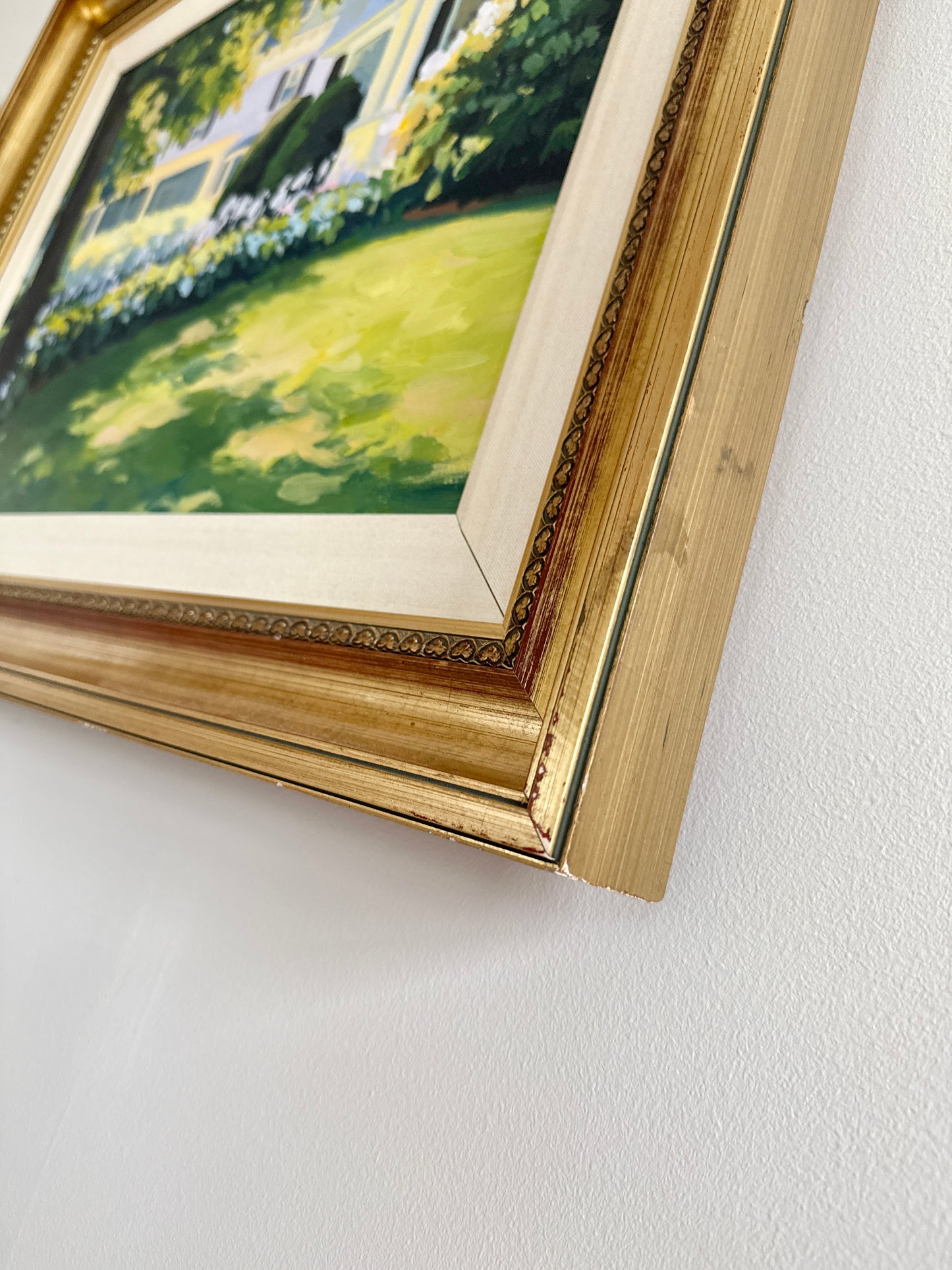 Kathleen McDonough House with Hostas Oil Painting in Gold Frame
