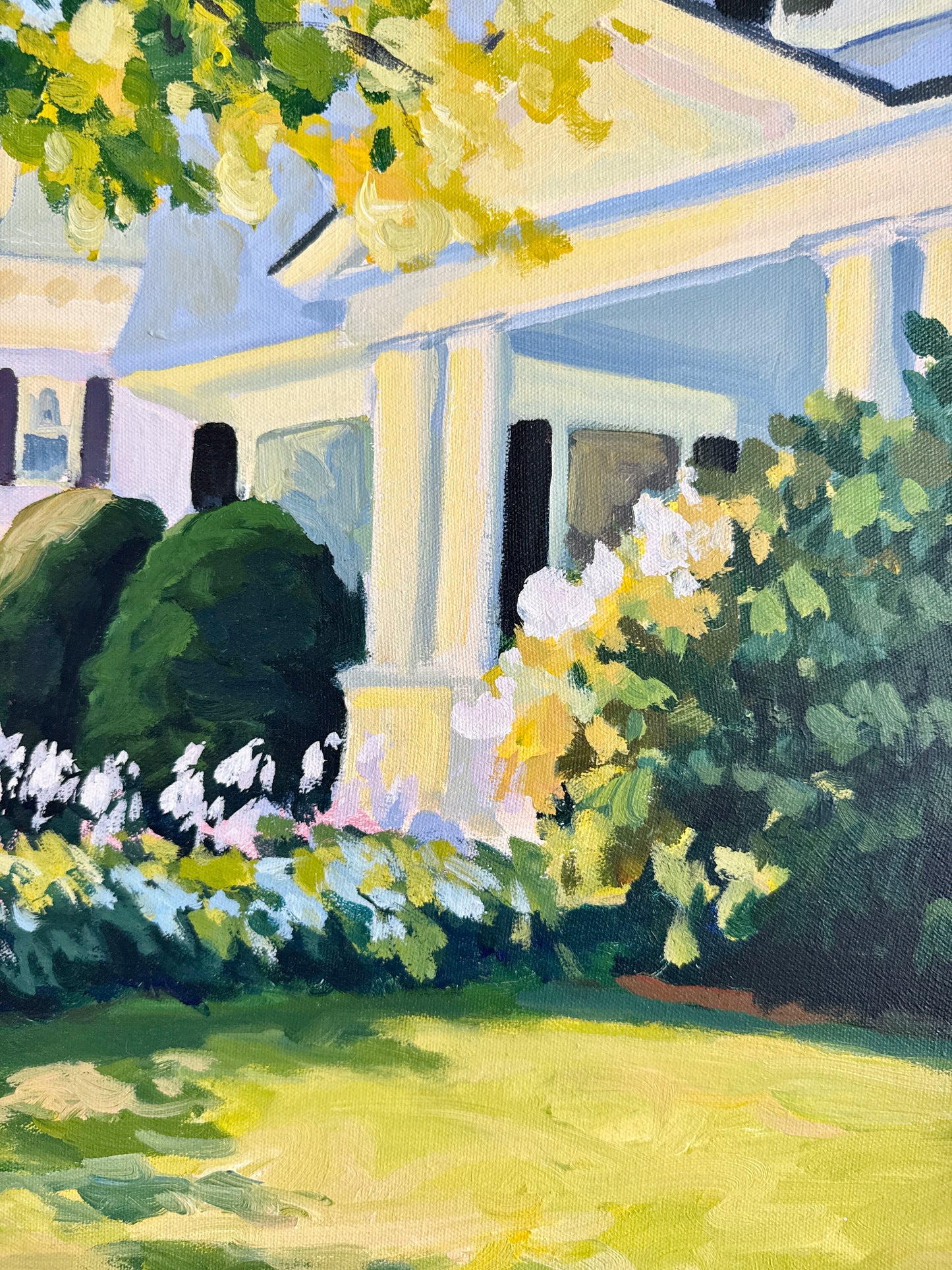 Kathleen McDonough House with Hostas Oil Painting in Gold Frame