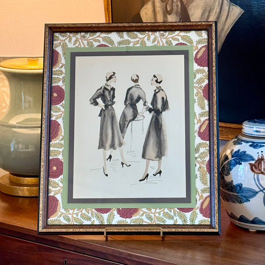 Catherine Figart Vogue Watercolor Fashion Illustration on Handmade Block Print in Vintage Gold Frame