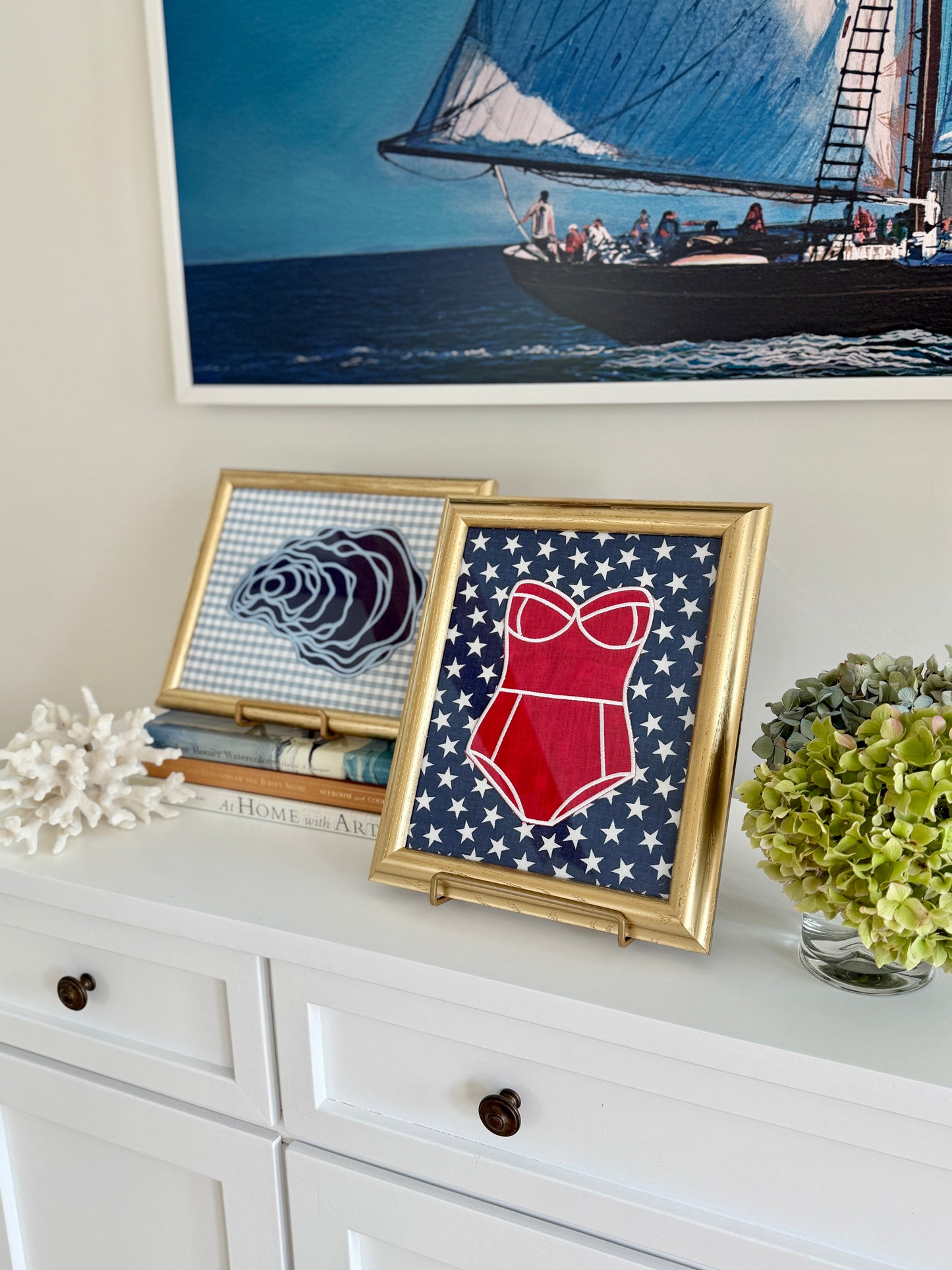 Red Linen Bathing on Blue and White Stars in Vintage Gold Frame