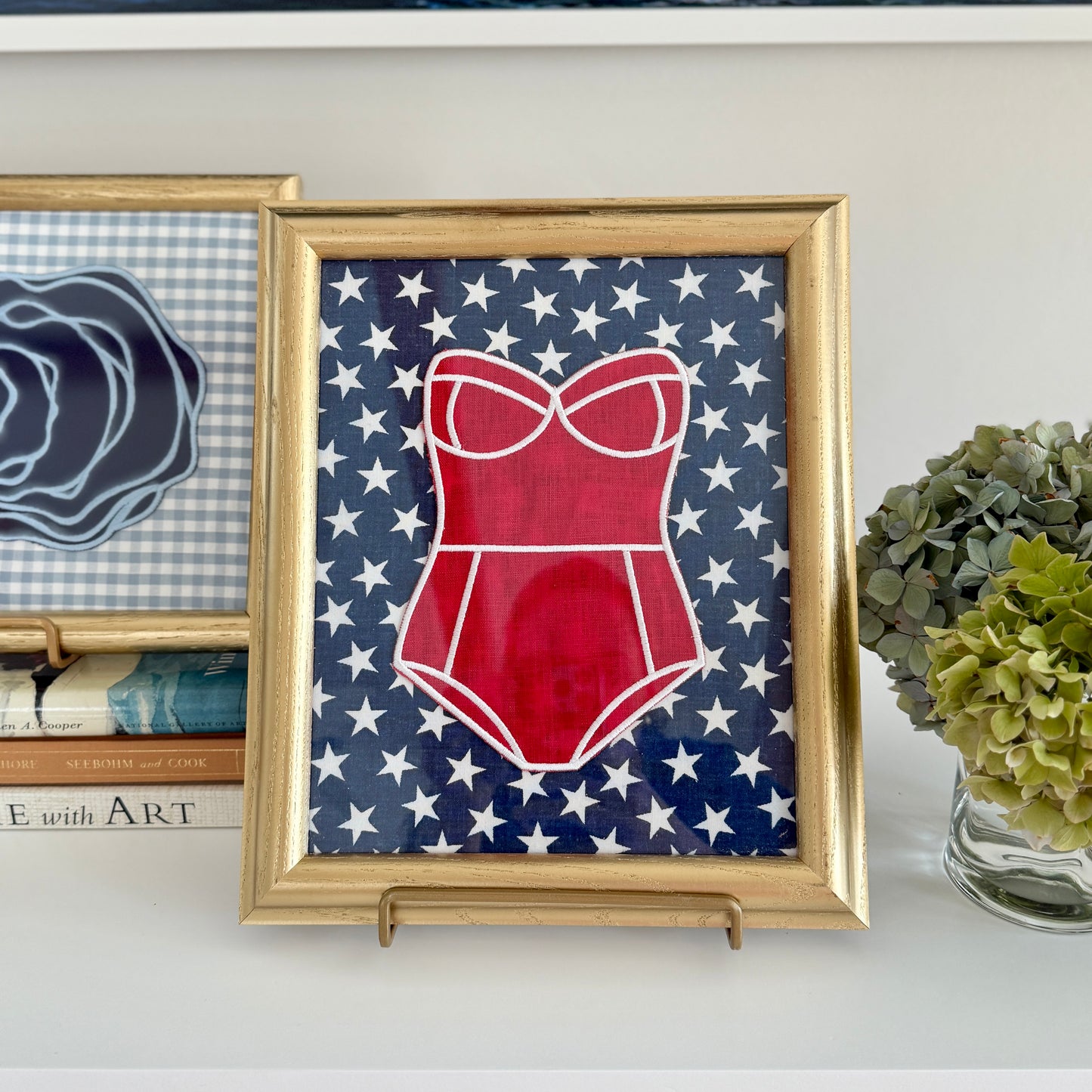 Red Linen Bathing on Blue and White Stars in Vintage Gold Frame