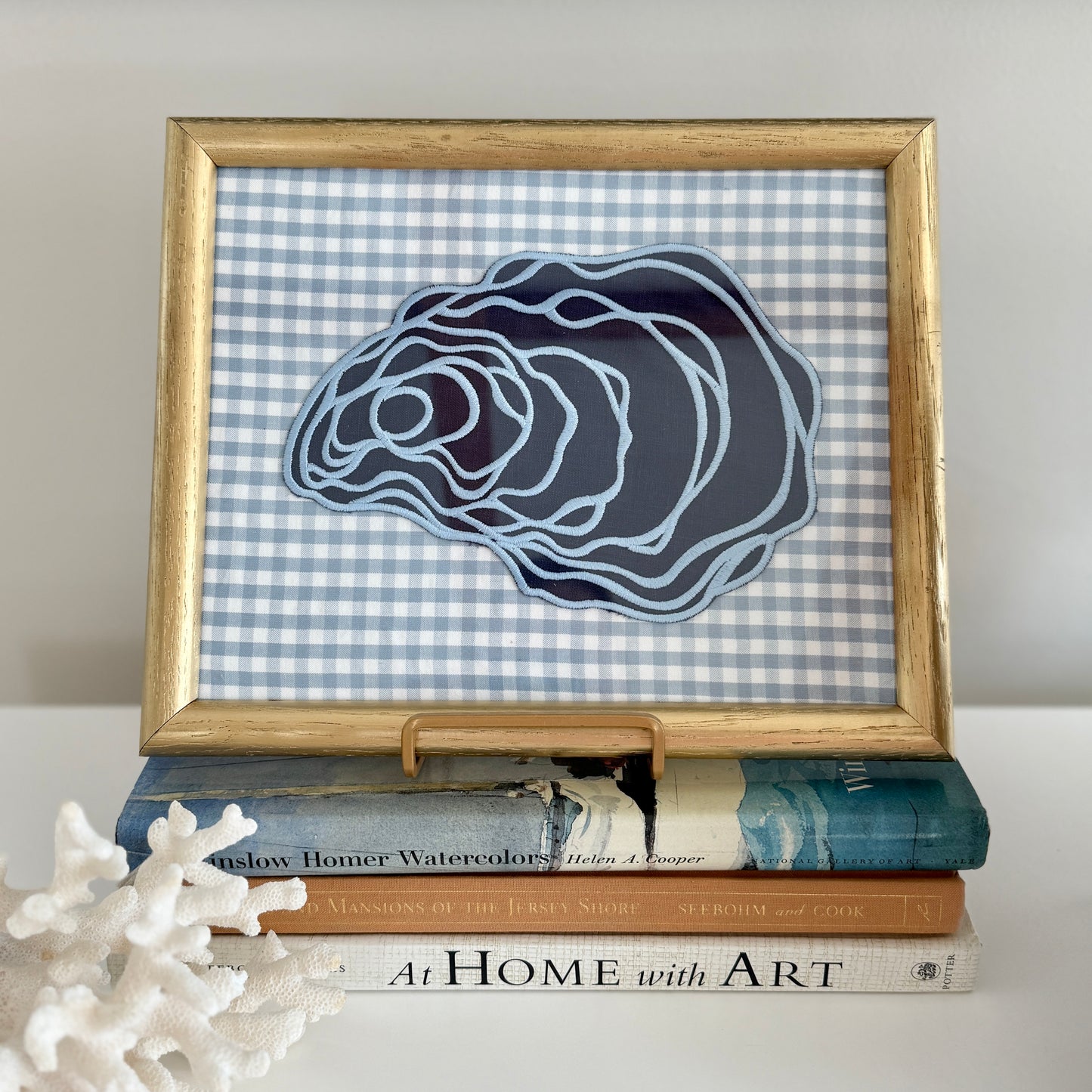 Navy Blue Linen Oyster on Light Blue and White Gingham in Vintage Gold Frame