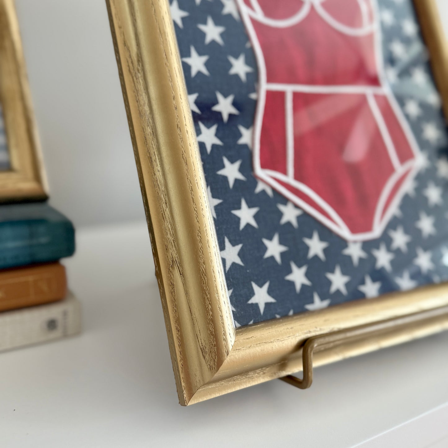 Red Linen Bathing on Blue and White Stars in Vintage Gold Frame