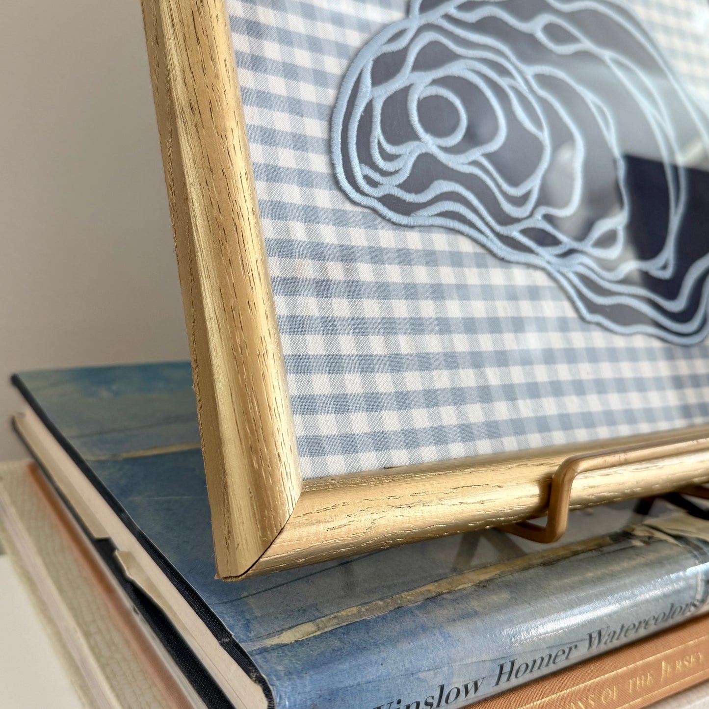 Navy Blue Linen Oyster on Light Blue and White Gingham in Vintage Gold Frame