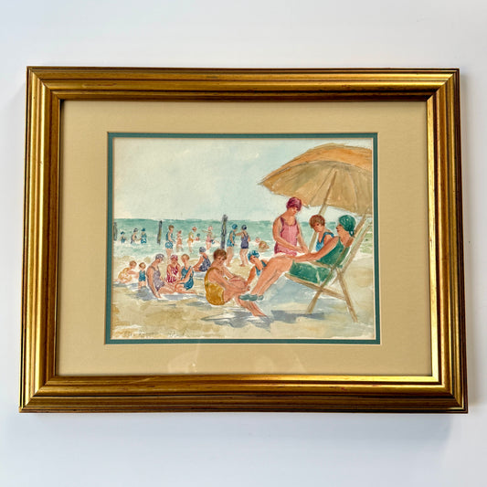 Olga Lea Rosenson Early 20th Century Watercolor Swimmers Beach Scene in Gold Frame