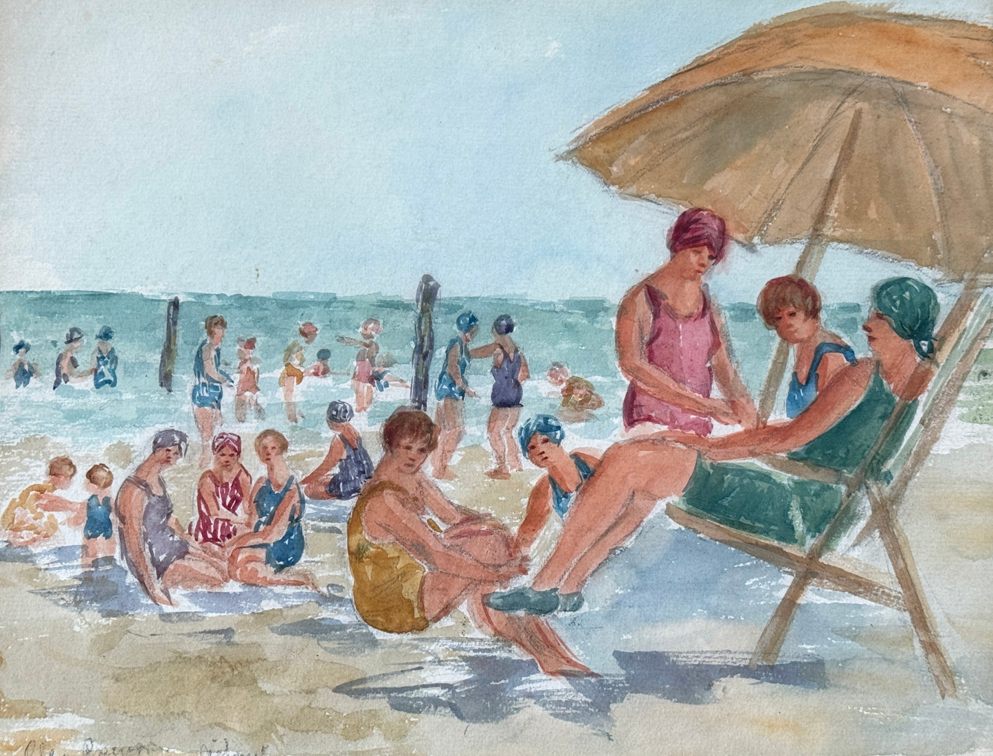 Olga Lea Rosenson Early 20th Century Watercolor Swimmers Beach Scene in Gold Frame