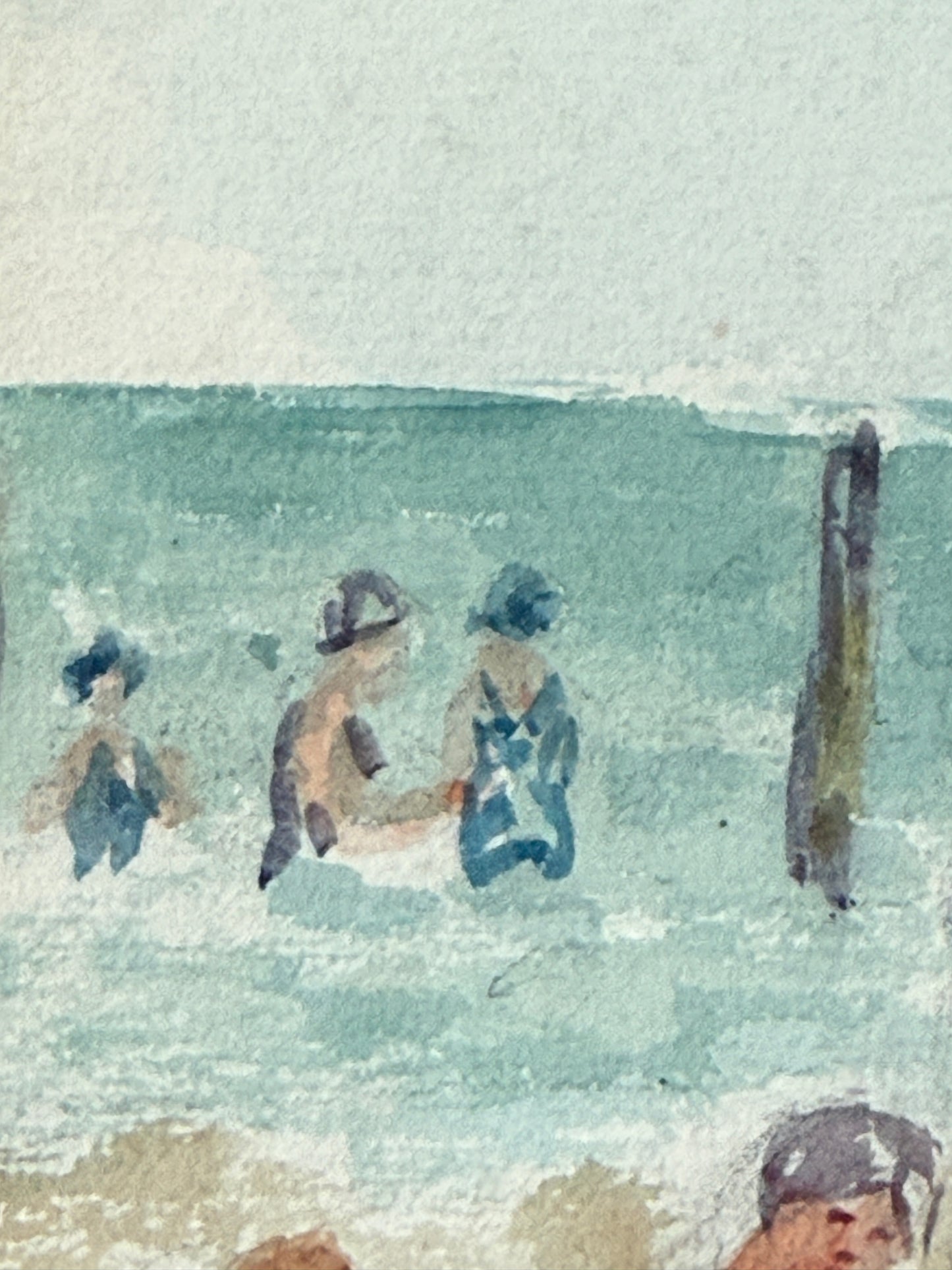 Olga Lea Rosenson Early 20th Century Watercolor Swimmers Beach Scene in Gold Frame