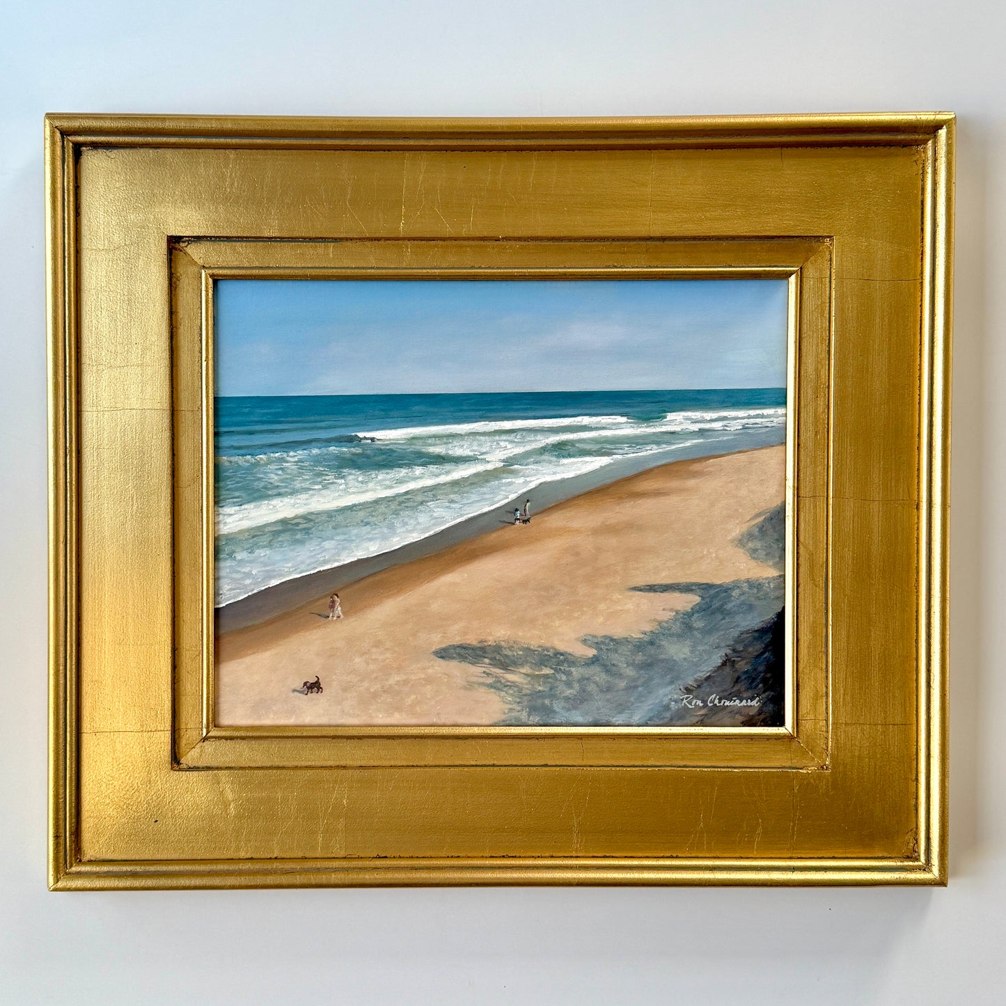 Ron Chouinard Coastal Dog Walkers Nauset Beach on Cape Cod Oil Painting in Gold Frame