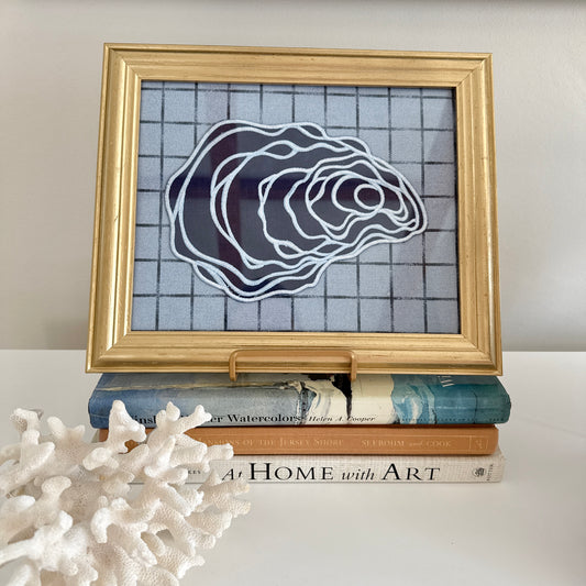 Navy Blue Linen Oyster on Blue Navy Windowpane Fabric in Vintage Gold Frame