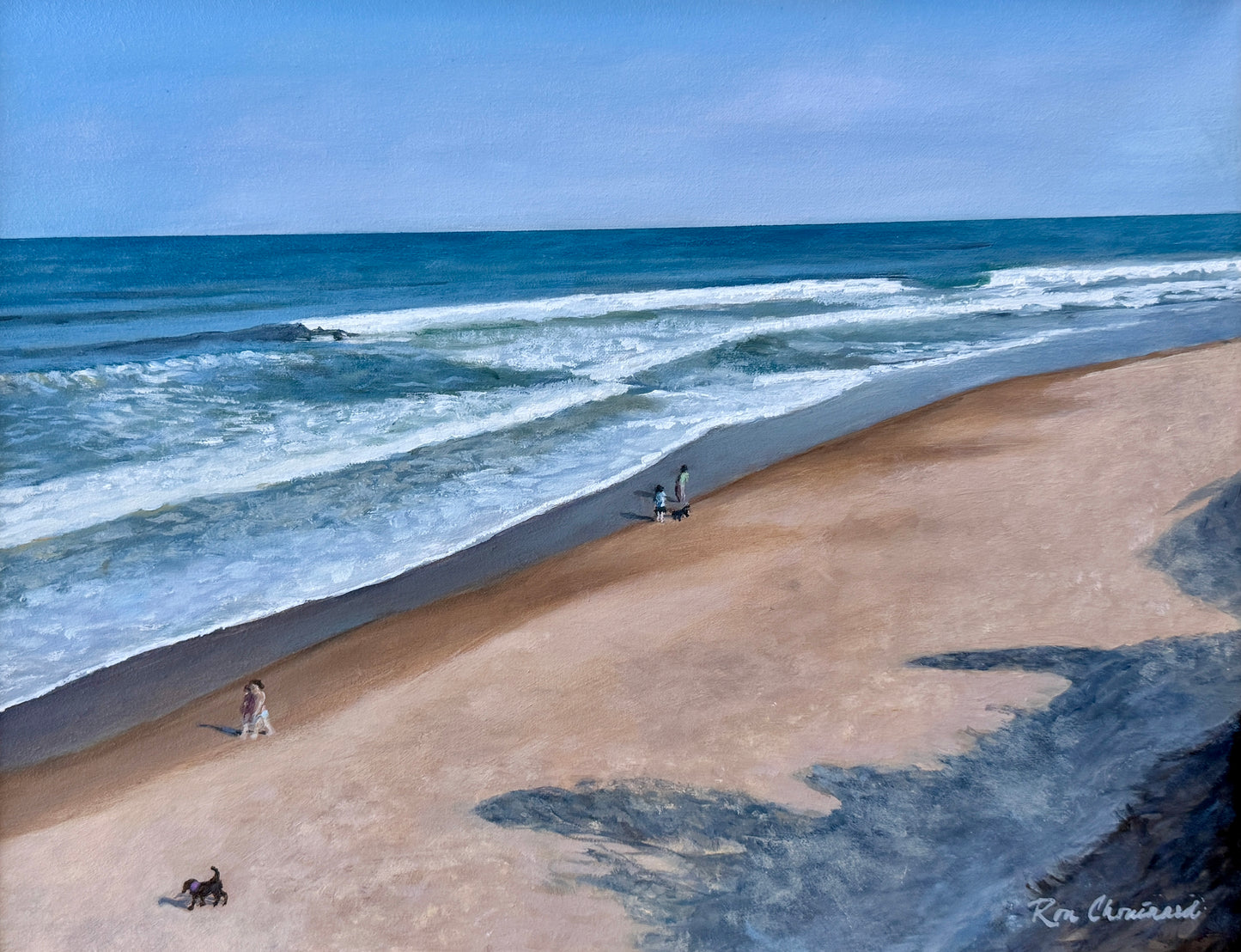 Ron Chouinard Coastal Dog Walkers Nauset Beach on Cape Cod Oil Painting in Gold Frame